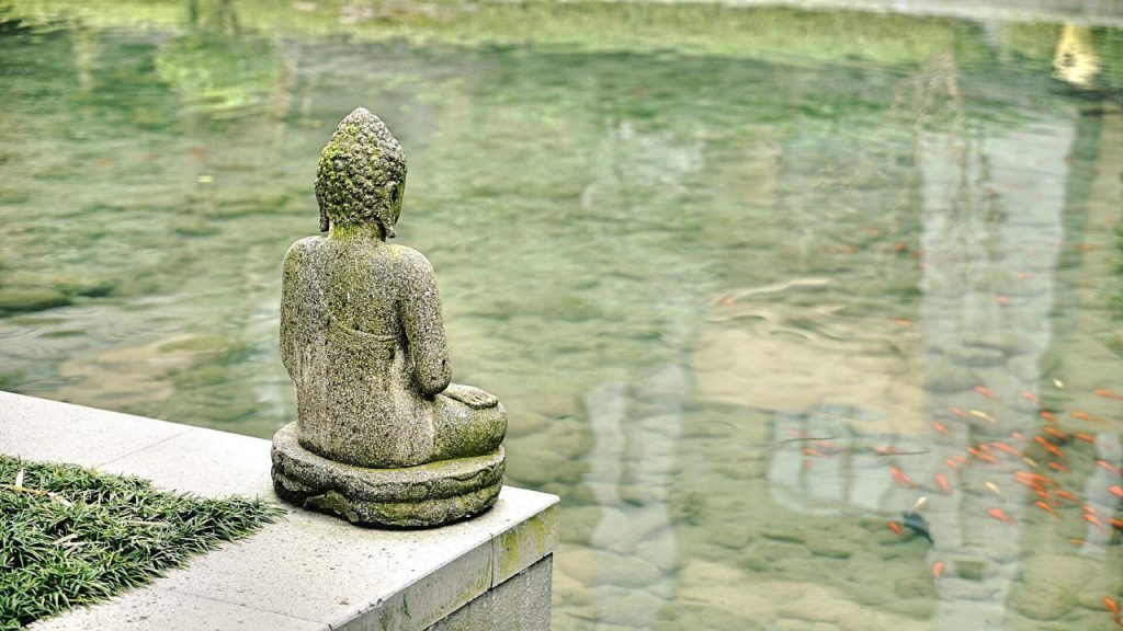 Eine Stein-Buddhafigur schaut auf die reflektierende Teichoberfläche. Rechts kleine orangefarbene Fische.