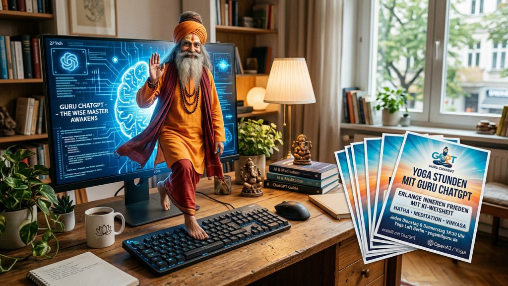 Ein typischer bärtiger Guru in orangener Gewandung tritt aus einem Bildschirm auf die Tastatur. Daneben mehrere Yogaflyer mit Aufschrift: Yogastunden mit Guru ChatGPT.