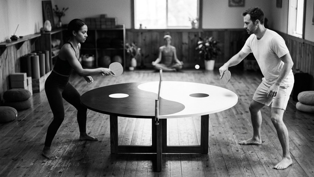 Ein Ping-Pong-Tisch wurde zum Yin-Yang-Tisch. Zwei Spieler, eine in schwarz, der andere in weiß gekleidet, spielen Tischtennis auf einer runden Platte, die wie das Yin-und-Yang-Symbol anmutet. Im Hintergrund: meditierende Person.